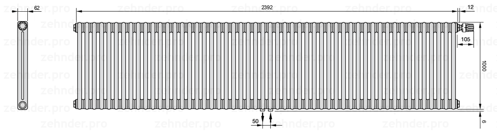 Схема (чертеж) Радиатор Zehnder Charleston 2100/52 №V008 Белый глянцевый RAL 9016